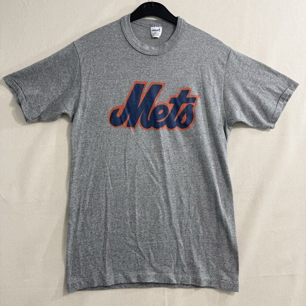 Logo 7 New York Mets NY Baseball T-Shirt Grey Single Stitched Large YOUTH/Boys